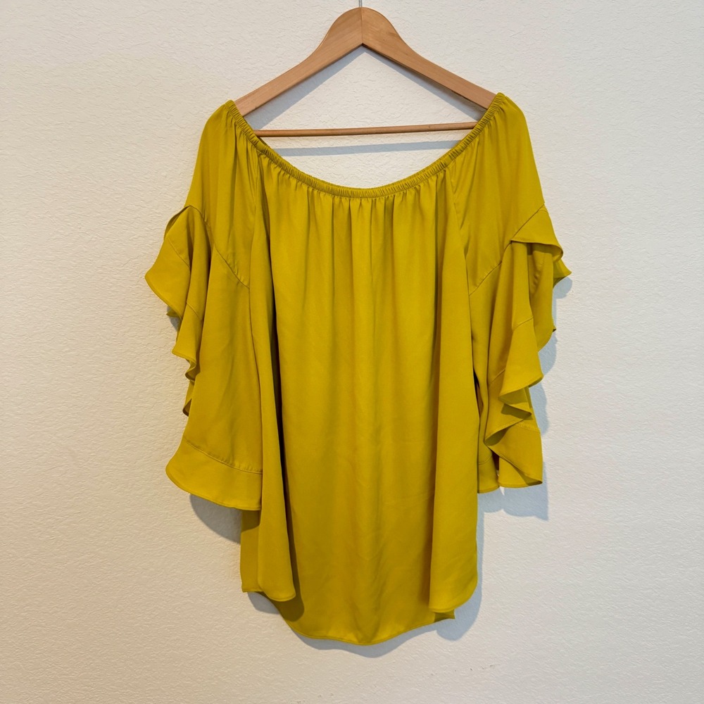 Ashley Stewart Off Shoulder Blouse Womens 14/16W Yellow Ruffle Sleeve